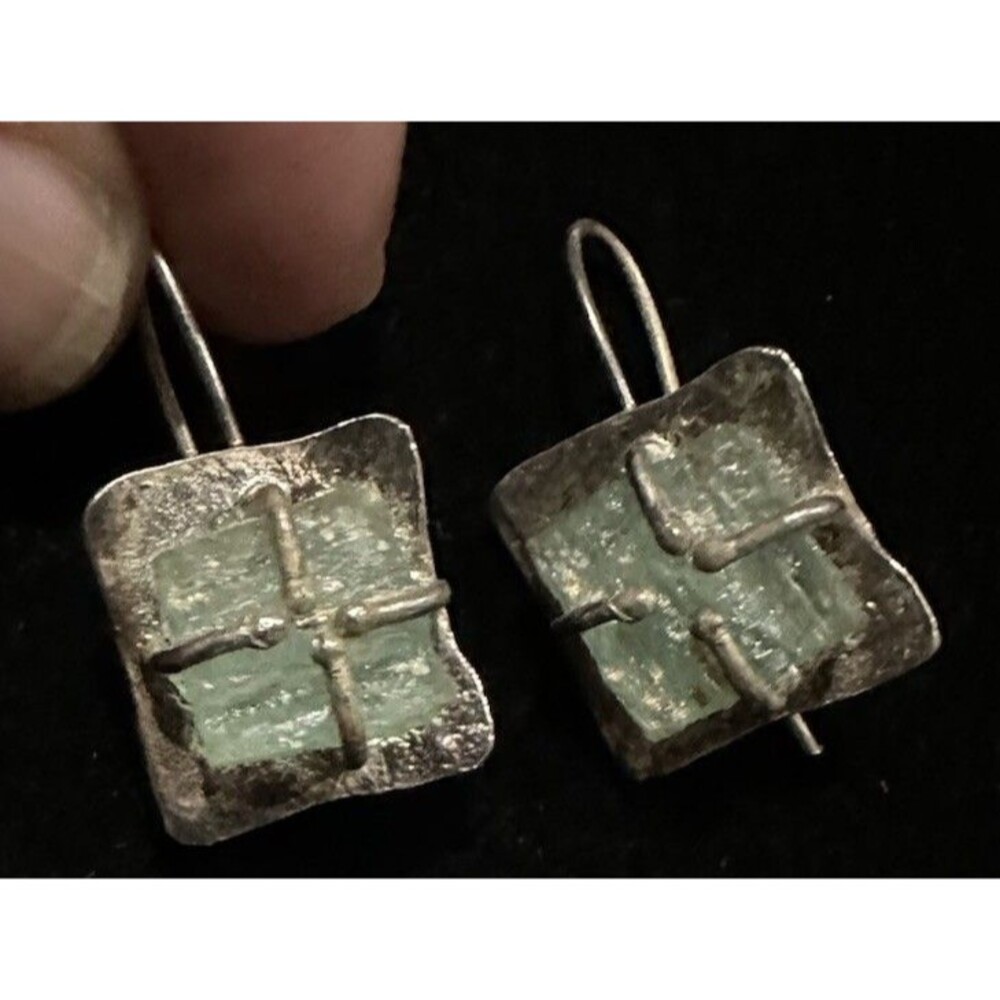 LULI HAMERSZTEIN~Vintage Sterling Silver Ancient Roman Green Glass Drop Earrings